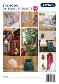 Cover of "Big Book of Small Projects" by Patons displaying various knitted items. Includes socks, cozy knits, decorations, and soft toys in vibrant colors.