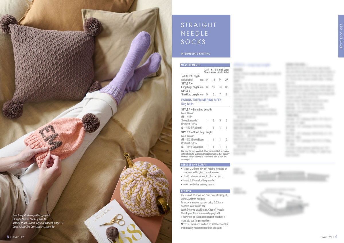 A cozy scene with a person knitting on a bed. They wear long purple socks and hold a pink hat. A textured cushion and knitting supplies are nearby, conveying warmth and relaxation. Text details a knitting pattern for socks.