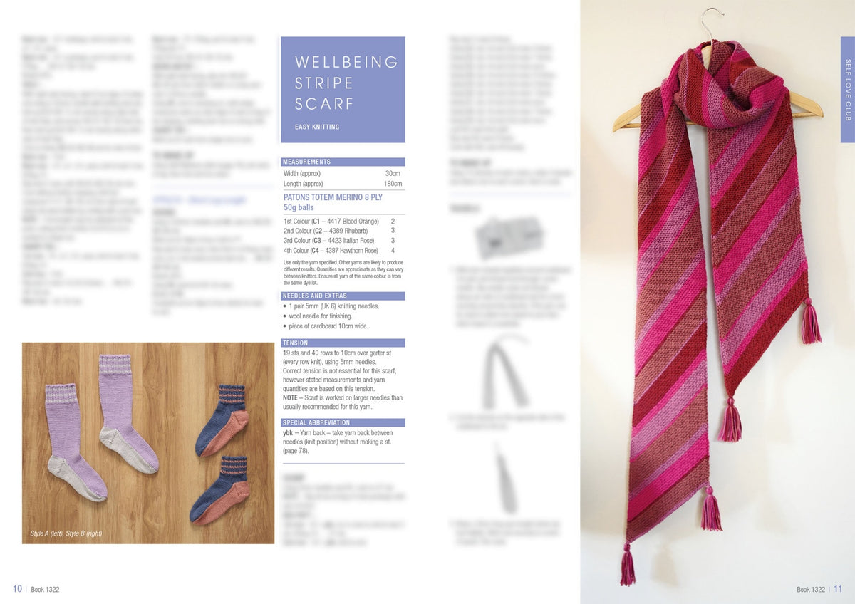  A magazine spread displaying knitting patterns. Left shows colorful knitted socks, and the right features a pink and brown striped scarf with tassels.