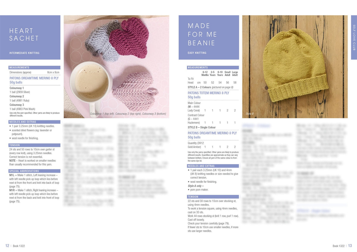 The image features two knitting patterns. On the left, three heart-shaped sachets in gray, pink, and red, alongside a cup of coffee. On the right, a yellow knitted beanie on a wooden background, with text detailing the knitting instructions for both items. The tone is cozy and creative.