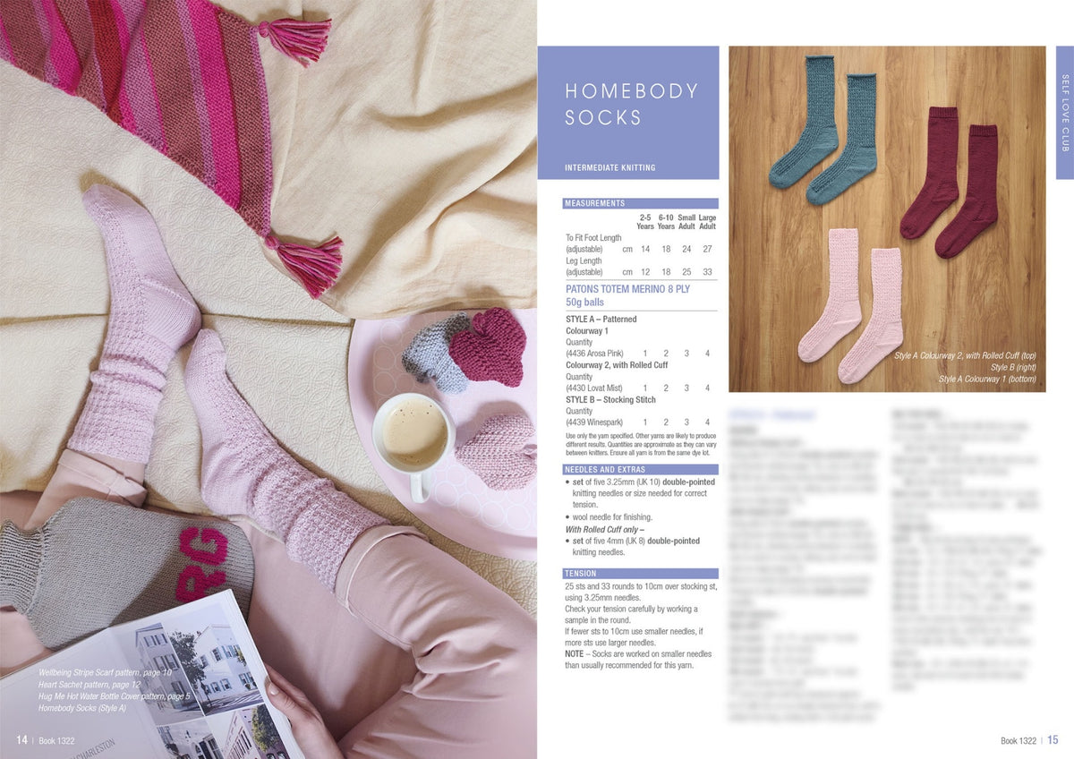 A cozy scene with a person lounging on a beige couch, wearing pink knit socks, holding a magazine. A tray with tea, and knitted items is nearby. Emphasizes comfort.