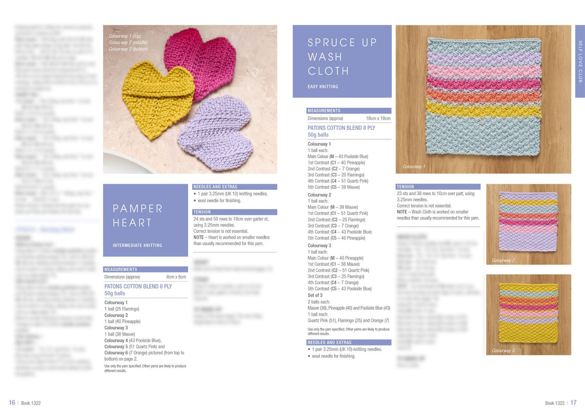 A knitting pattern page for "Pamper Heart" and "Spruce Up Wash Cloth" projects. Displays heart-shaped knitted pieces and washcloths in colorful yarns.