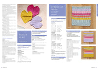 A knitting pattern page for "Pamper Heart" and "Spruce Up Wash Cloth" projects. Displays heart-shaped knitted pieces and washcloths in colorful yarns.
