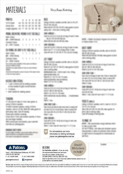 Knitting instruction page titled 'Very Easy Knitting.' Contains blurred text for materials and steps. Top right shows a knitted beige baby cardigan with buttons, pockets, and a matching hat tucked in one pocket.