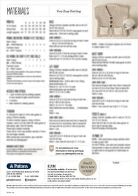 Knitting instruction page titled 'Very Easy Knitting.' Contains blurred text for materials and steps. Top right shows a knitted beige baby cardigan with buttons, pockets, and a matching hat tucked in one pocket.