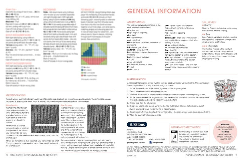 Image showing a knitting pattern guide. It includes knitting instructions, diagrams, a colour chart, abbreviations, skill levels, and a safety notice. The text is organized into sections, with visuals enhancing the explanations.