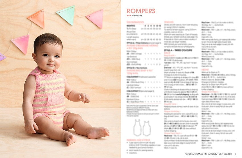 A baby in a pink and yellow striped romper sits on a wooden surface, smiling. A pastel bunting decorates the wooden backdrop. Instructions titled "ROMPERS" are on the right.