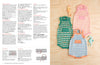 Knitting instructions page with colorful baby rompers. Three striped rompers, in pink, green, and blue, lie on wood with seahorse toys, exuding a playful tone.