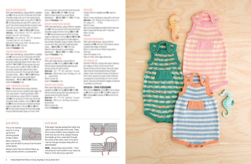 Knitting instructions page with colorful baby rompers. Three striped rompers, in pink, green, and blue, lie on wood with seahorse toys, exuding a playful tone.