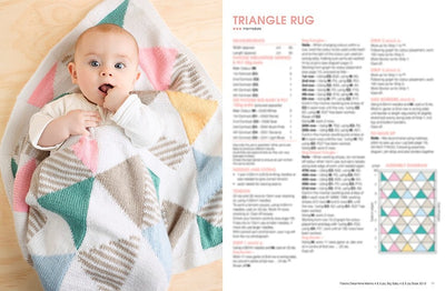 A baby lies on a colorful, geometric-patterned blanket with pastel triangles, next to text titled "Triangle Rug" with crafting instructions. The scene is warm and playful.