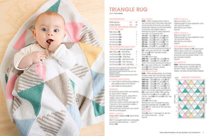 A baby lies on a colorful, geometric-patterned blanket with pastel triangles, next to text titled "Triangle Rug" with crafting instructions. The scene is warm and playful.
