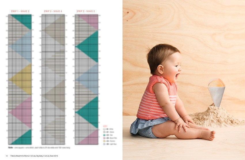 A baby in a pink knitted top and blue shorts sits on sand indoors, excitedly looking at a pastel-coloured ice cream cone. On the left, three vertical quilt pattern strips with multicoloured triangles. The scene is playful and bright.