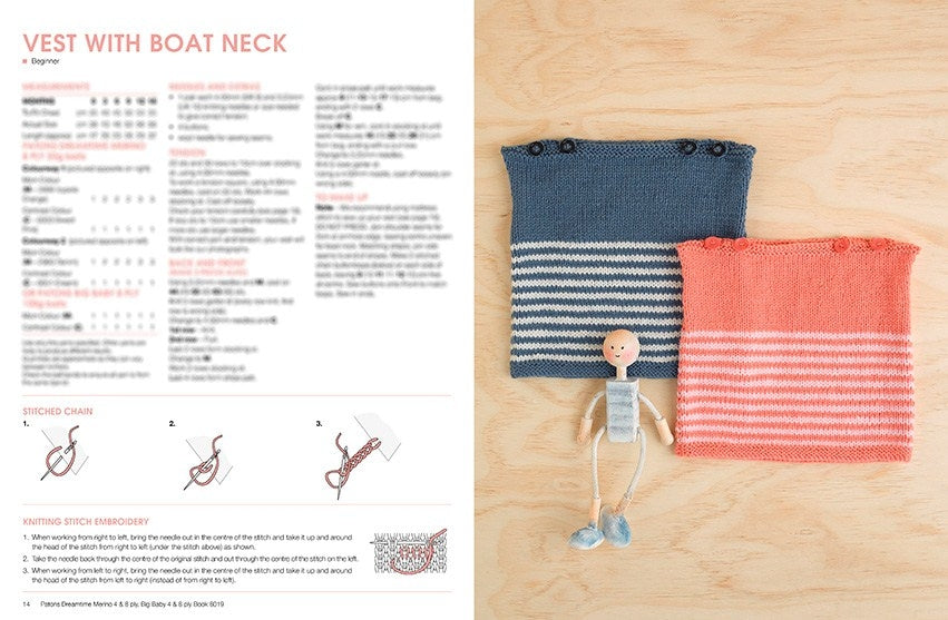 Knitting pattern for boat neck vest on the left, with text and stitch diagrams. On the right, two knitted vests—navy and pink—beside a small doll.