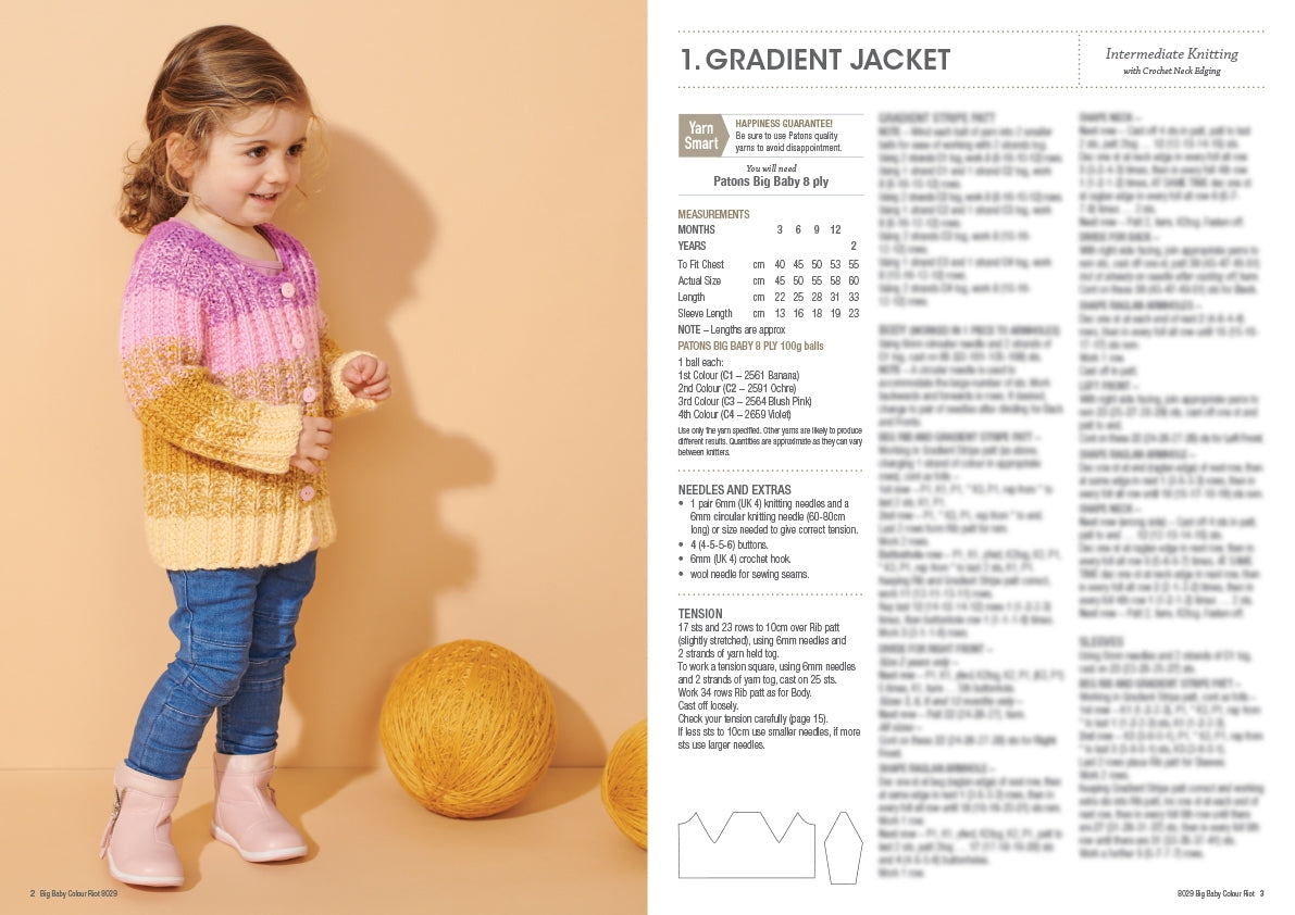 A child in a multicolored gradient sweater and jeans stands next to large yellow yarn balls. The setting is a neutral background. On the right is knitting pattern text.