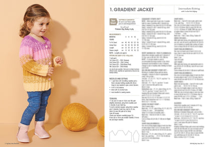 A child in a multicolored gradient sweater and jeans stands next to large yellow yarn balls. The setting is a neutral background. On the right is knitting pattern text.