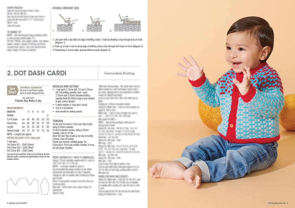 A baby wearing a colorful knitted cardigan with red and blue patterns sits and claps joyfully against a peach background. The left side features a knitting pattern guide.