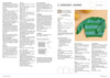 Knitting pattern for a green striped baby jumper labeled "Greenery Jumper" with detailed instructions and a large photo of the jumper. It includes measurements, materials needed, and a knitting diagram. The overall tone is instructional and crafty.