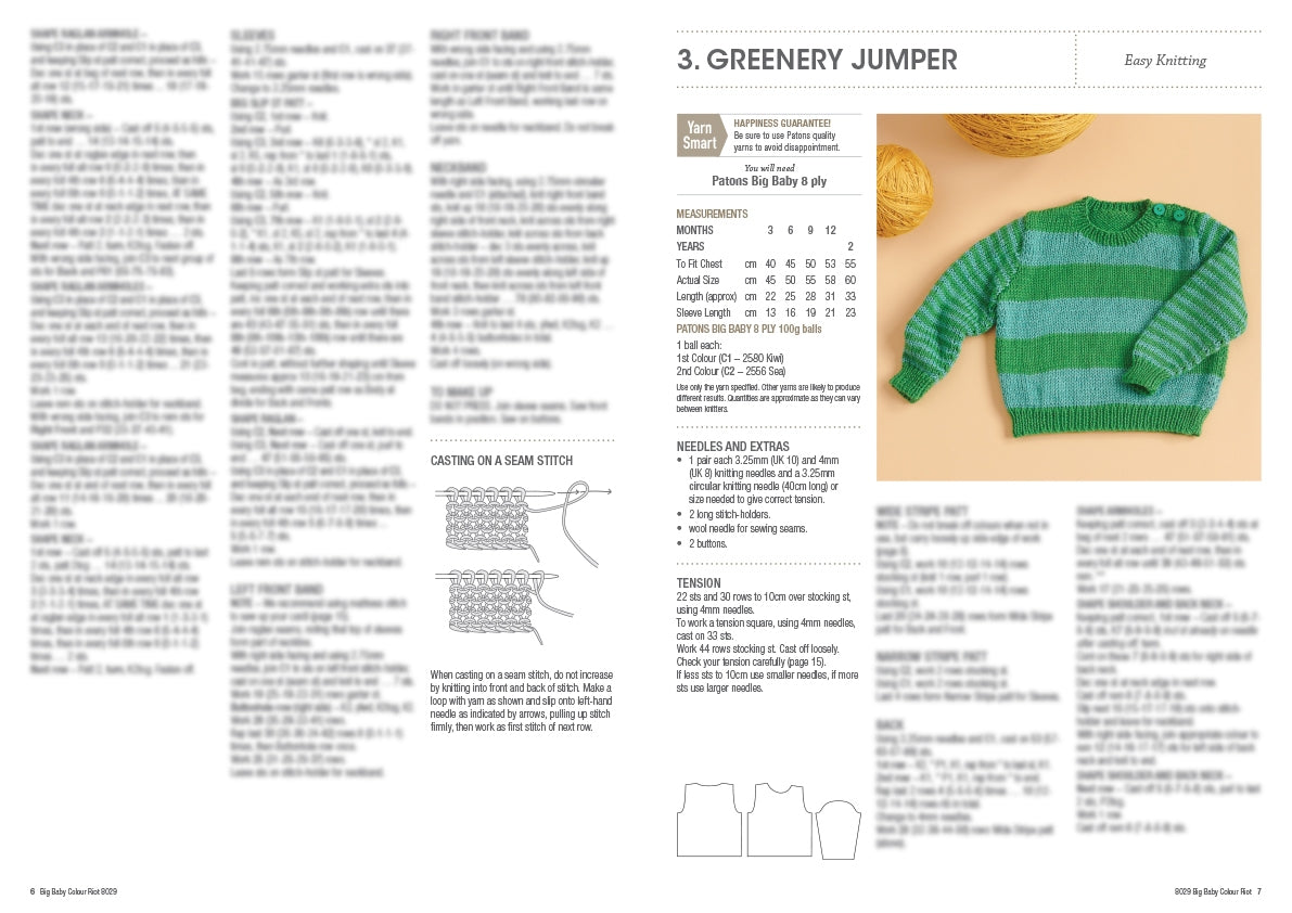 Knitting pattern for a green striped baby jumper labeled "Greenery Jumper" with detailed instructions and a large photo of the jumper. It includes measurements, materials needed, and a knitting diagram. The overall tone is instructional and crafty.