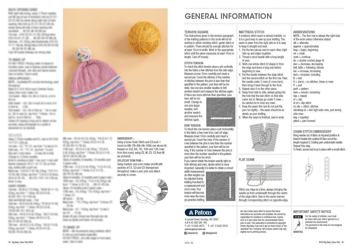 Knitting pattern page with a pink hat featuring blue and white stripes, topped with a pom-pom. Nearby, a yellow ball of yarn. Detailed text and diagrams offer instructions.