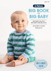 A baby wearing a blue and green striped sweater, sitting on a white background. The text reads "Patons Big Book of Big Baby." The mood is soft and cheerful.