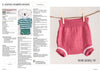 Knitted romper shorts pattern from a magazine. A pink knit pair hangs on a clothesline with pegs. Text: "Machine washable. Yay!"