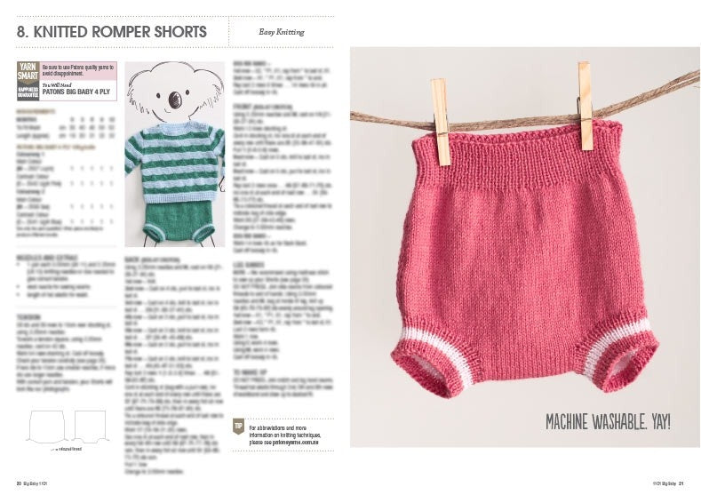 Knitted romper shorts pattern from a magazine. A pink knit pair hangs on a clothesline with pegs. Text: "Machine washable. Yay!"