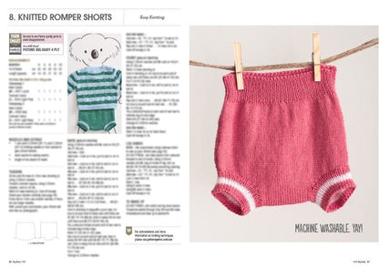 Knitted romper shorts pattern from a magazine. A pink knit pair hangs on a clothesline with pegs. Text: "Machine washable. Yay!"