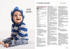 A smiling baby wearing a blue and white striped knitted hoodie sits on a white blanket. The text "Fun and Functional" is to the left. On the right, knitting instructions titled "Knitted Hoodie."