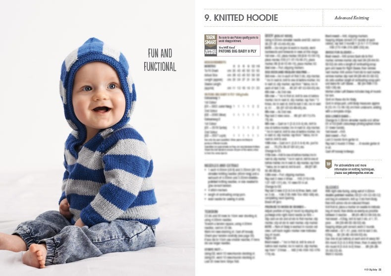 A smiling baby wearing a blue and white striped knitted hoodie sits on a white blanket. The text "Fun and Functional" is to the left. On the right, knitting instructions titled "Knitted Hoodie."