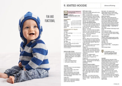 A smiling baby wearing a blue and white striped knitted hoodie sits on a white blanket. The text "Fun and Functional" is to the left. On the right, knitting instructions titled "Knitted Hoodie."