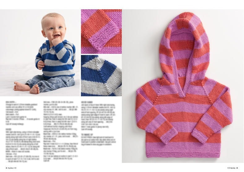 A smiling baby wears a blue and gray striped sweater. Beside it, photos show pink-orange striped knit details and a matching hoodie. Cozy, playful vibe.