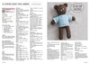 A knitted brown teddy bear in a light blue jumper is shown on the right. A speech bubble reads "So soft and huggable!" The left side has blurred knitting instructions.