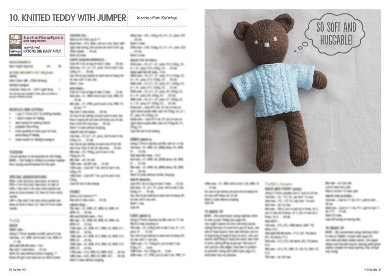 A knitted brown teddy bear in a light blue jumper is shown on the right. A speech bubble reads "So soft and huggable!" The left side has blurred knitting instructions.