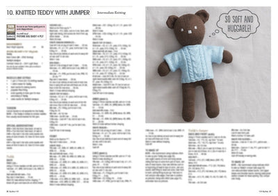 A knitted brown teddy bear in a light blue jumper is shown on the right. A speech bubble reads "So soft and huggable!" The left side has blurred knitting instructions.