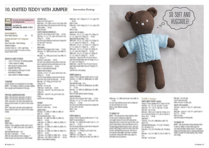 A knitted brown teddy bear in a light blue jumper is shown on the right. A speech bubble reads "So soft and huggable!" The left side has blurred knitting instructions.