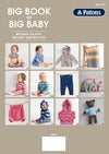 Cover of Patons' 'Big Book of Big Baby' features twelve images of colorful knitted baby clothing and items, showcasing cozy cardigans, sweaters, and toys.