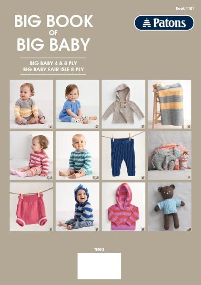 Cover of Patons' 'Big Book of Big Baby' features twelve images of colorful knitted baby clothing and items, showcasing cozy cardigans, sweaters, and toys.