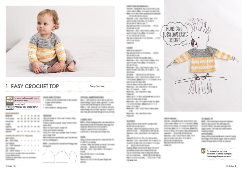 A toddler wearing a crocheted sweater in gray and yellow sits on a bed. Nearby, a cartoon bird with a speech bubble says, “Mums (and bubs) love easy crochet.”