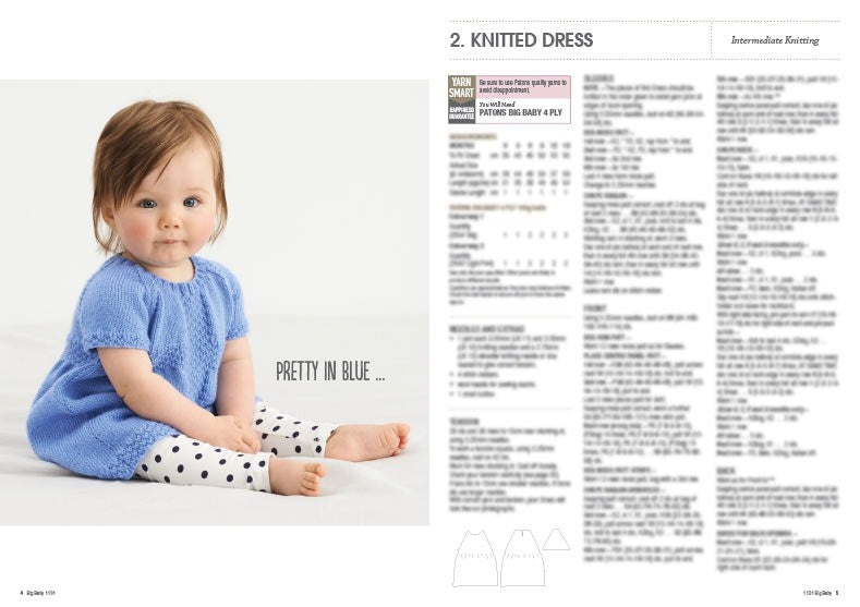 A baby sits on a white surface wearing a blue knitted dress and polka dot leggings, with text "Pretty in Blue" beside. Right side shows knitting instructions.
