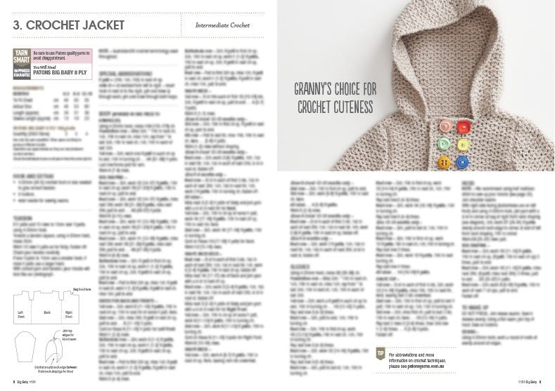 Crochet pattern instructions for a baby jacket labeled "Intermediate Crochet." Image shows a beige crochet jacket with colorful buttons. Cozy and handmade feel.
