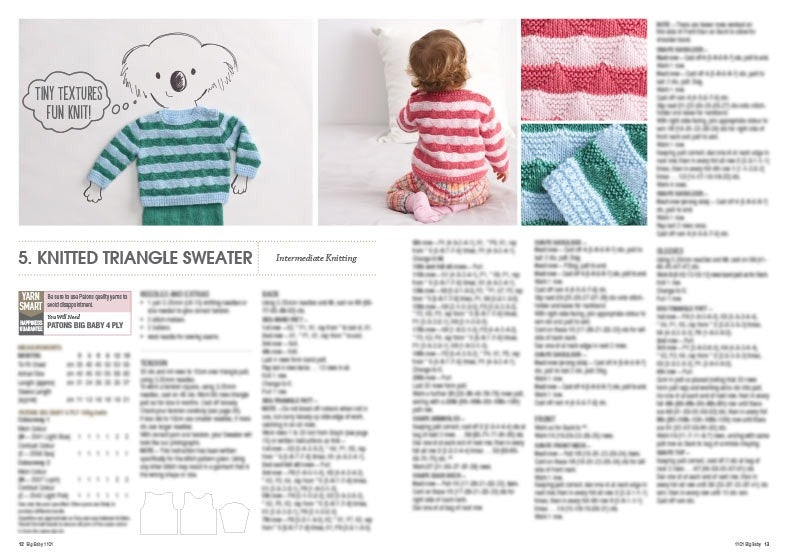 Knitting pattern for a striped sweater. Features include a koala drawing, a child in a red striped sweater, close-up of textured stitches, and instructions.