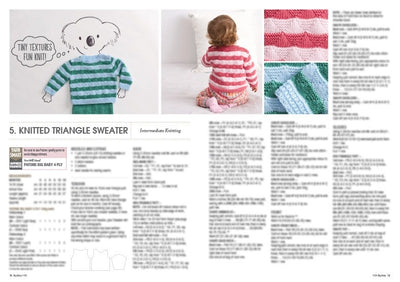 Knitting pattern for a striped sweater. Features include a koala drawing, a child in a red striped sweater, close-up of textured stitches, and instructions.