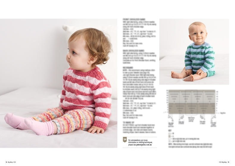 Two infants are sitting on a bed, each wearing striped sweaters. The first wears pink and white with colorful pants, and the second wears blue and white. The image conveys a cozy and cheerful tone. Text and knitting patterns are blurred in the background.