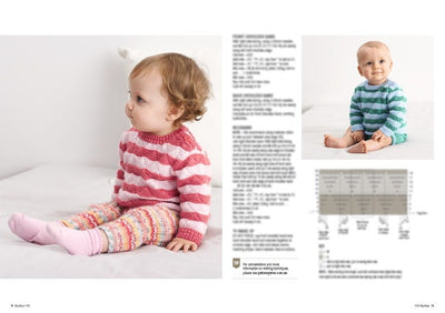 Two infants are sitting on a bed, each wearing striped sweaters. The first wears pink and white with colorful pants, and the second wears blue and white. The image conveys a cozy and cheerful tone. Text and knitting patterns are blurred in the background.
