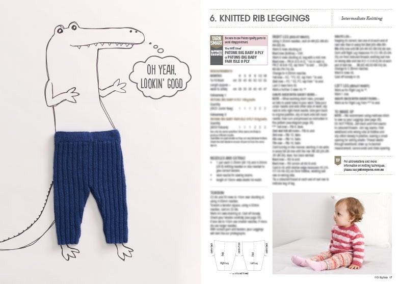 A cartoon crocodile wears knitted blue rib leggings, saying "Oh yeah, lookin' good." Nearby, a baby in a striped outfit sits. Text details knit pattern.