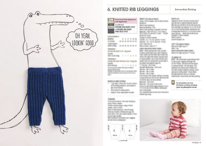 A cartoon crocodile wears knitted blue rib leggings, saying "Oh yeah, lookin' good." Nearby, a baby in a striped outfit sits. Text details knit pattern.