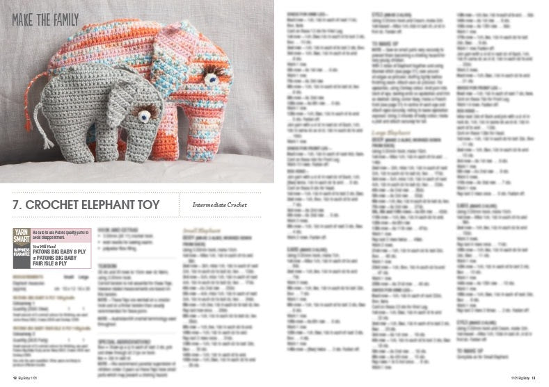 Two crocheted elephant toys, one gray and one multicolored, placed side by side on a soft surface. The image is part of a crochet pattern guide.