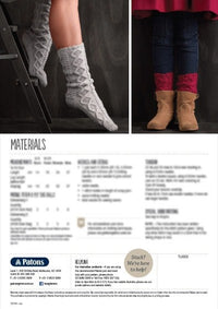 Split image featuring legs in gray knitted socks on a ladder and denim-clad legs in tan boots. Background lists materials and contact info. Cozy and warm feel.
