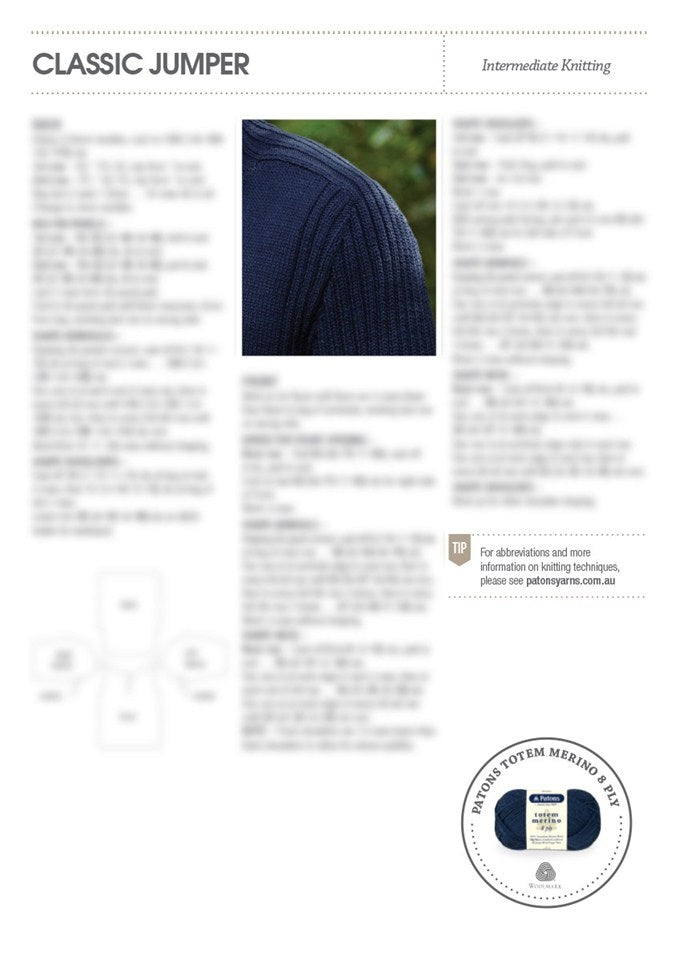 Knitting pattern page titled 'Classic Jumper' for intermediate knitters. Includes a close-up of a navy ribbed sweater's shoulder. Text instructions and a yarn suggestion with a Patons Totem Merino 8 Ply label are visible. The tone is informative and creative.