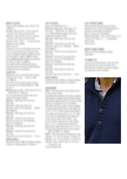 A close-up of a person wearing a navy blue knitted sweater with a buttoned collar over a light blue shirt. The background shows blurred text, unreadable.
